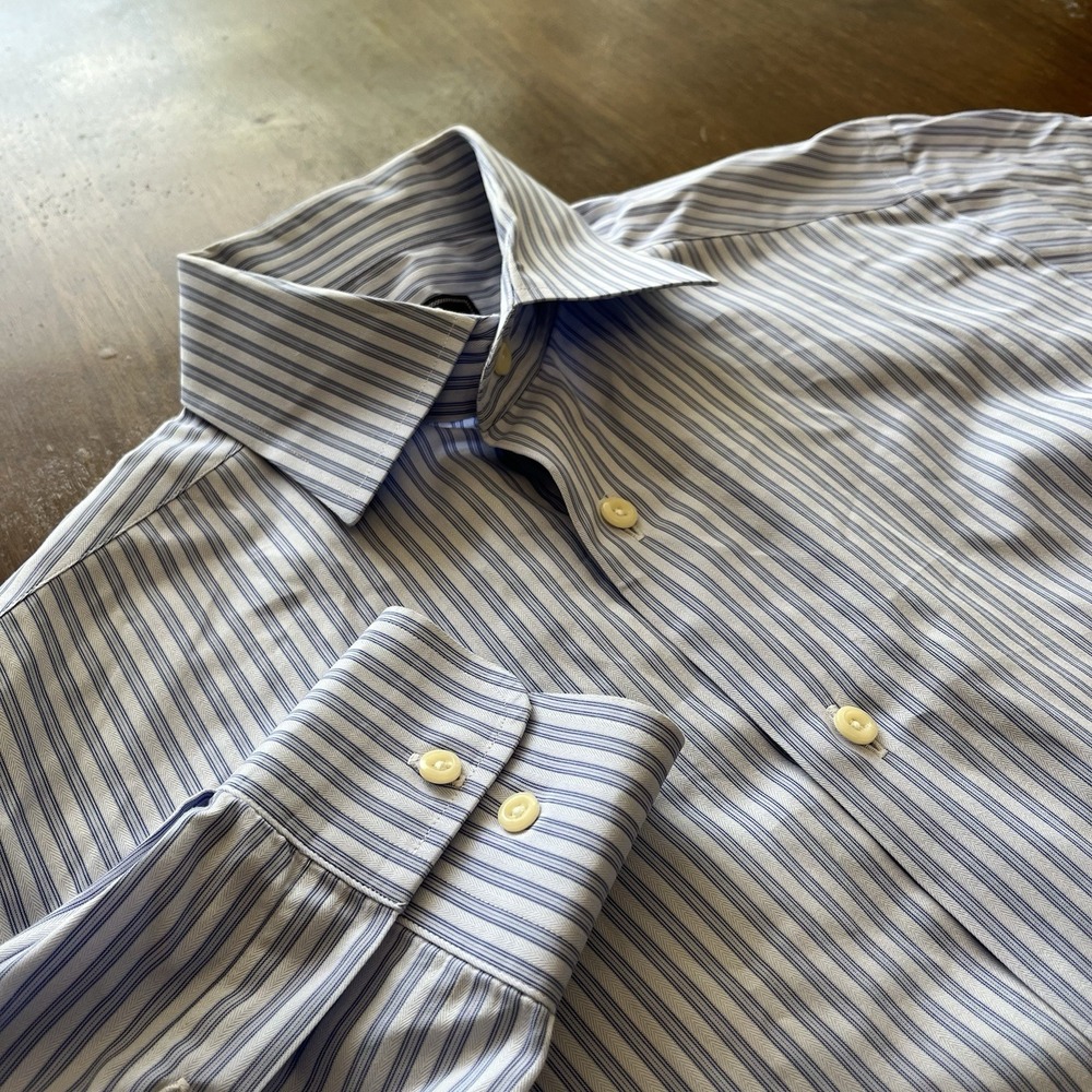David Donahue Trim Shirt Mens 15 34/35 Striped Blue White Dress Long Sleeve